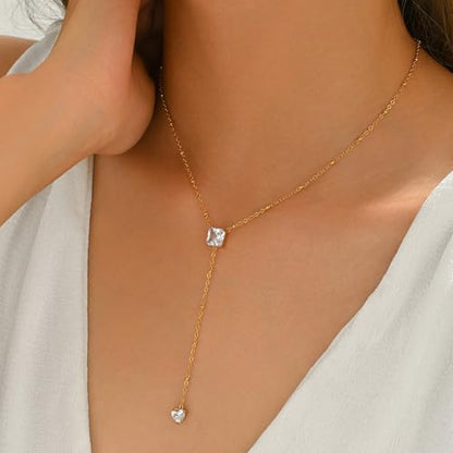 Dainty Y-Shaped Lariat CZ Drop Charm Pendant Necklaces for Women - color: Square-CZ-GD