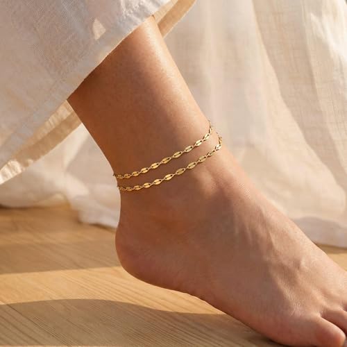 MFRYK Gold Plated Layered Anklet for Women, Adjustable Ankle Bracelet Gift - color: gold