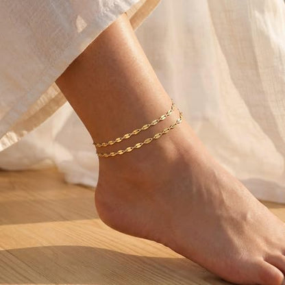 MFRYK Gold Plated Layered Anklet for Women, Adjustable Ankle Bracelet Gift - color: gold