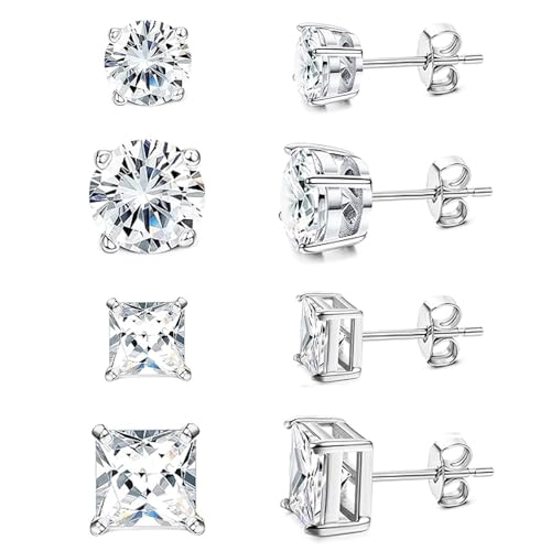 SEEDRILL Stud Earrings for Women Men Square & Round AAAAA+ Cubic Zirconia Earrings 18K Gold Plated Hypoallergenic 316L Surgical Stainless Steel CZ Earrings 3-6mm 4 Pairs - color: Silver