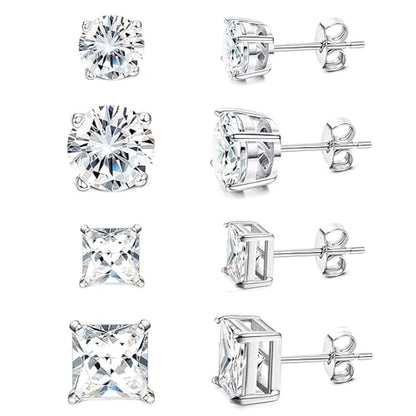 SEEDRILL Stud Earrings for Women Men Square & Round AAAAA+ Cubic Zirconia Earrings 18K Gold Plated Hypoallergenic 316L Surgical Stainless Steel CZ Earrings 3-6mm 4 Pairs - color: Silver