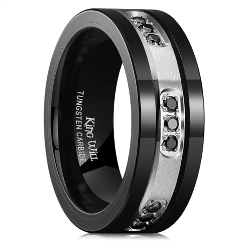 King Will Mens Tungsten Wedding Band with Cubic Zircon Inlay 7mm/8mm Flat Cut Comfort Fit Engagement Rings - color: B-Black&Silver-8mm