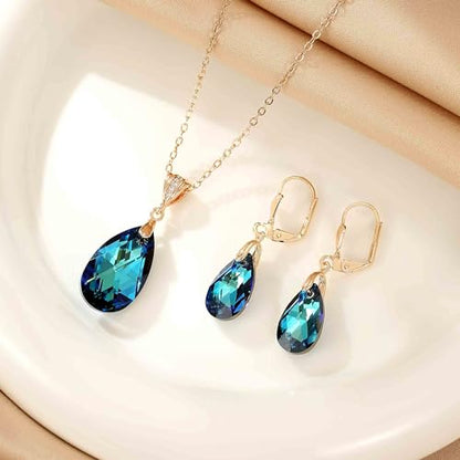 Austrian Crystals Teardrop Pendant Necklace Earrings for Women 14K Gold Plated Hypoallergenic Leverback Drop Dangle Earrings Jewelry Set - color: Bermuda Blue