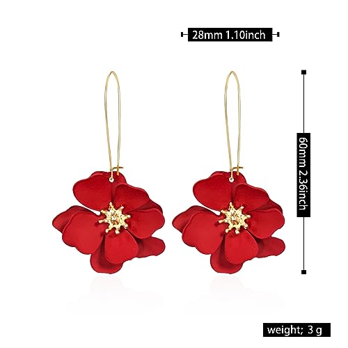 Bohemian Daisy Flower Matte Floral Long Petal Drop Dangle Earrings Layered Tiered for Women Chic Boho Wedding Jewelry - color: Big Red