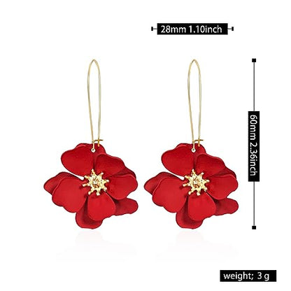 Bohemian Daisy Flower Matte Floral Long Petal Drop Dangle Earrings Layered Tiered for Women Chic Boho Wedding Jewelry - color: Big Red