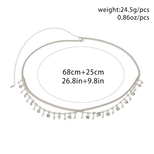 Gold Belly Chain Rhinestone Body Jewelry Chain Plated Waist Chains Layered Body Waist Summer Beach Bikini Jewelry for Women - style: butterfly-silver