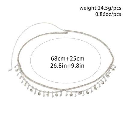 Gold Belly Chain Rhinestone Body Jewelry Chain Plated Waist Chains Layered Body Waist Summer Beach Bikini Jewelry for Women - style: butterfly-silver