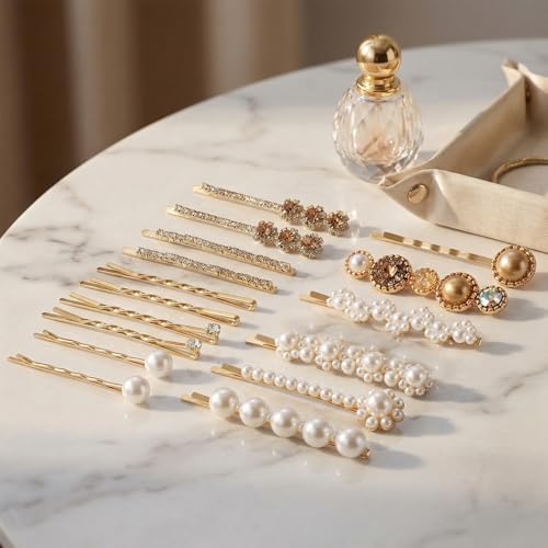 16Pcs Bobby Pins for Women Cute Rhinestone & Pearl Decorative Hair Clips Gold Hair Barrettes, Hair Accessories for Everyday Fashion Style & Party (16, Gold)