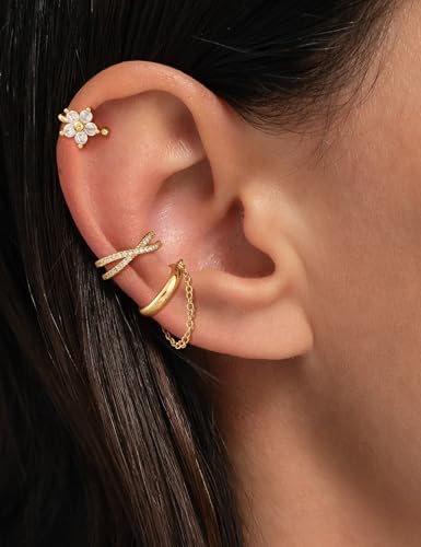 Carffordo 3Pcs Ear Cuffs Non Piercing for Women, Dainty Clip on Earrings | Trendy 14K Gold Plated Ear Cuff with Cubic Zirconia, Fake Piercing Cartilage Earrings, Lightweight Jewelry for Daily Wear - color: 3pcs-chain
