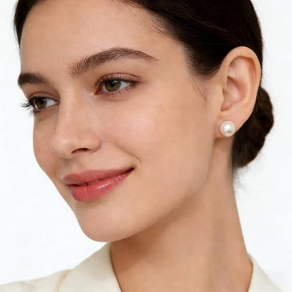 White Faux Pearl Stud Earrings, S925 Silver Posts Hypoallergenic for Women - color: Creamy White, size: 12mm
