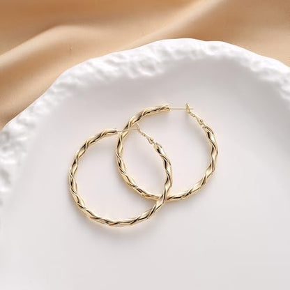 14k Gold Plated Hoop Earrings for Women, 925 Sterling Silver Posts Thick Twist Hypoallergenic Chunky Large Earrings 20mm 30mm 40mm 50mm - color: Yellow Gold, size: 50mm
