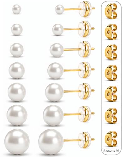 7 Pairs Gold Pearl Stud Earrings Set with Silicone Disc Backs | 3/4/5/6/7/8/10mm pearl studs with soft silicone disc backs and extra butterfly backs for daily lobe styling. - style: Gold-A-1
