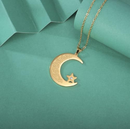 Islamic Ayatul Kursi Necklace Muslim Crescent Moon and Star Pendant Arabic Calligraphy Allah Amulet Religious Jewelry Eid Ramadan Gift for Women Men - color: gold