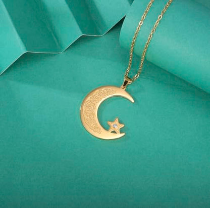 Islamic Ayatul Kursi Necklace Muslim Crescent Moon and Star Pendant Arabic Calligraphy Allah Amulet Religious Jewelry Eid Ramadan Gift for Women Men - color: gold