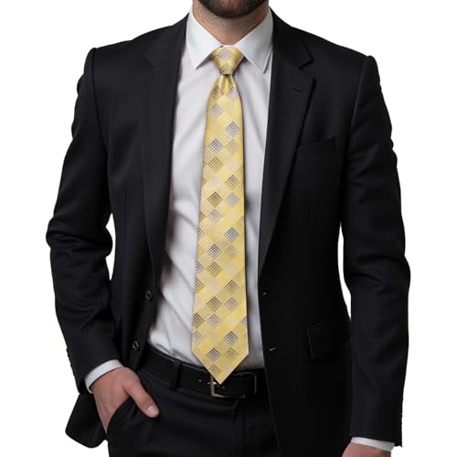 Hi-Tie Men's Silk Ties Formal Woven Classic Necktie Pocket Square Cufflinks Lapel Pin Set Wedding Business - color: A Yellow and Blue