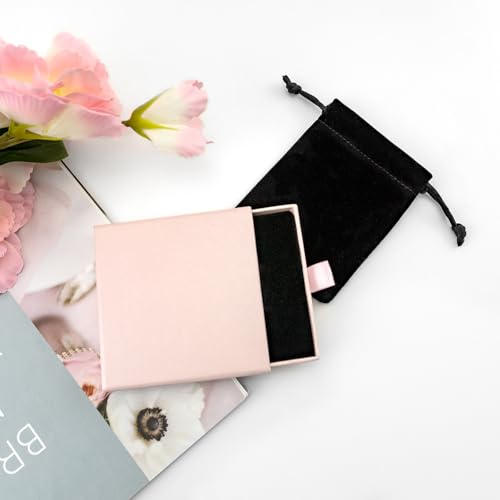 Quacc Small Jewelry Gift Box and Velvet Bag, Necklace Bracelet Earring Cardboard Organizer Square Jewellery Gift Box Pendent Storage Case for Birthday Xmas Christmas Wrapping (Pink) - color: Pink