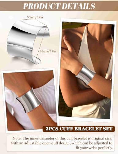 2 Pcs Gold Cuff Bangle Bracelet Set for Women Irregular Minimalist Statement Bangle Bracelets Wide Open Chunky Wire Bracelets Wrist Cuff Adjustable Hammered Bracelet - color: Silver B
