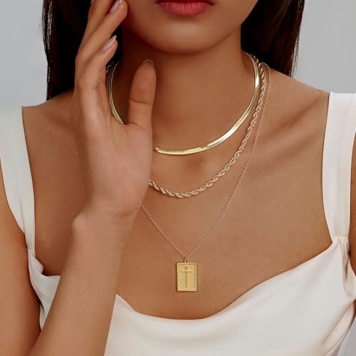 Evabelle Gold Layered Necklace for Women Trendy Jewelry 14K Real Gold Plated Chunky Chain Stackable Necklaces Dainty Choker Necklaces Rectangle Square Pendant - color: Gold Necklace 17