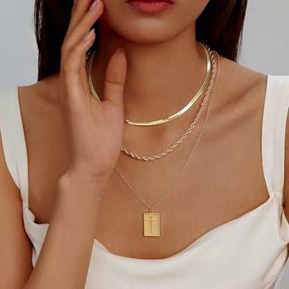 Evabelle Gold Layered Necklace for Women Trendy Jewelry 14K Real Gold Plated Chunky Chain Stackable Necklaces Dainty Choker Necklaces Rectangle Square Pendant - color: Gold Necklace 17
