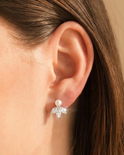 Pearl Earrings - 14k Gold or White Gold Plated Sparkle Cubic Zirconia Dainty Pearl Stud Earrings for Women Wedding Party Bridal - color: silver leaf