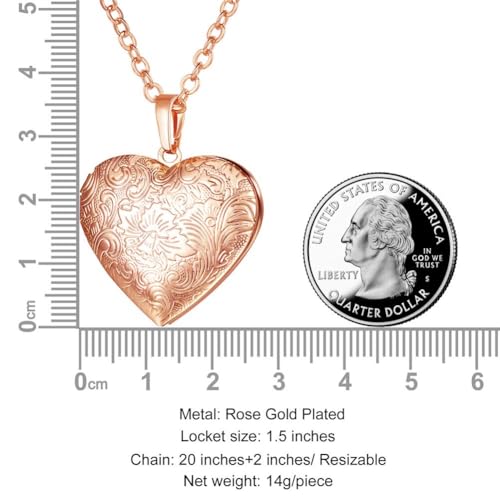 U7 Custom Photo Locket Necklace - Oval & Heart Shaped Locket - Gold/Silver/Rose Gold Personalized Image Necklaces for Women - color: 02-Rose Gold Flower Heart, style: c. locket+photo+text