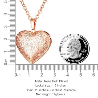 U7 Custom Photo Locket Necklace - Oval & Heart Shaped Locket - Gold/Silver/Rose Gold Personalized Image Necklaces for Women - color: 02-Rose Gold Flower Heart, style: c. locket+photo+text