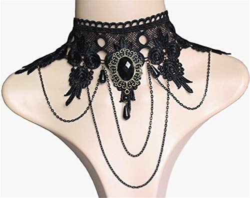 AILUOR Punk Rock Wedding Party Handmade Black Lace Choker, Gothic Retro Lolita Beads Chain Vampire Pendant Necklace for Women Halloween - color: Black-C