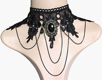 AILUOR Punk Rock Wedding Party Handmade Black Lace Choker, Gothic Retro Lolita Beads Chain Vampire Pendant Necklace for Women Halloween - color: Black-C