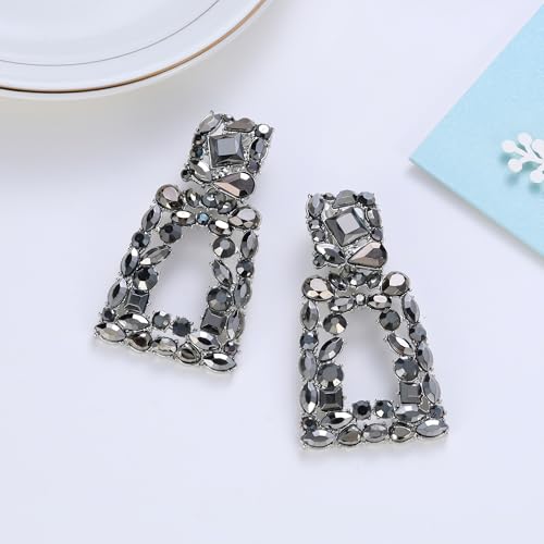 Flyonce Rectangle Clip-on Drop Earrings for Women, Sparkly Rhinestone Crystal Geometric Statement Non Pierced Earring Wedding Prom Party Jewelry for Brides Bridesmaid - color: Charcoal Grey