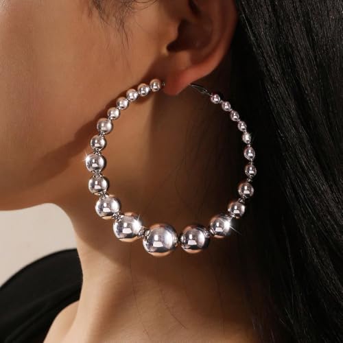 Gold Extra Large Hoop Earrings for Women,Round Metal Ball Beaded Dangle Earrings,Geometric Big Hoops Hanging Earrings Boho Vocation Everyday Jewelry - color: Silver