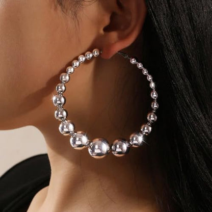 Gold Extra Large Hoop Earrings for Women,Round Metal Ball Beaded Dangle Earrings,Geometric Big Hoops Hanging Earrings Boho Vocation Everyday Jewelry - color: Silver