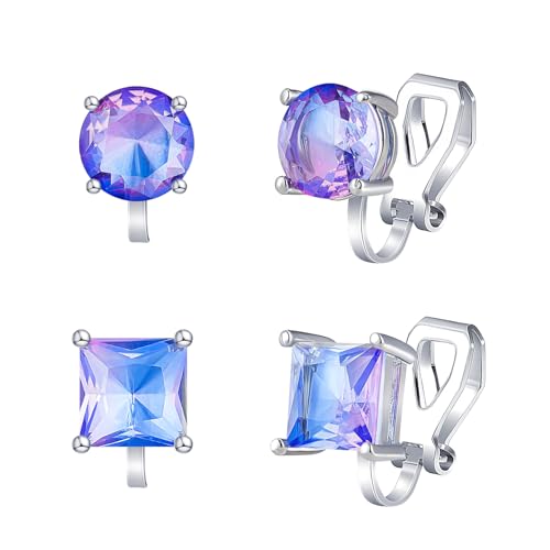 YOQUCOL 2 Pairs 8MM Cubic Zirconia Crystal Clip On Stud Earrings Non Pierced Stud Earrings For Women - color: Aurora-Purple Blue