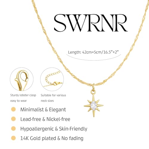 Gold Necklace for Women, Dainty 14K Gold Plated Pendant Necklaces for Women Trendy Simple Choker Chain Cubic Zirconia Circle/Interlocking/Sun/Pearl Necklace Fashion Jewelry Charm Gifts - color: Eight-pointed Star Pendant