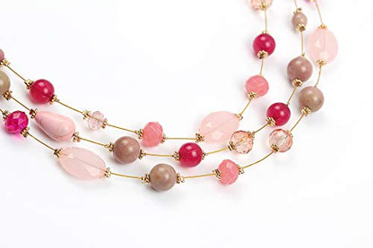 Coiris 3 Layers Illusion Wire Beaded Statement 19.5" Necklace for Women - color: N0005-Pink Mix