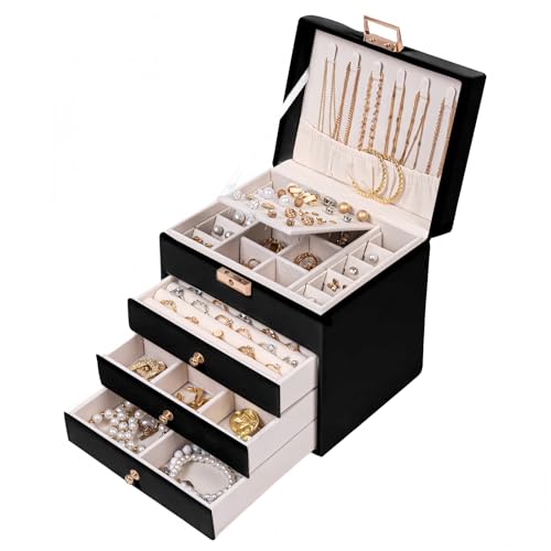Leather Jewelry Box with Lock for Women, 4-Tier 3-Drawer Large Capacity Organizer, Vanity Storage Case for Earrings Rings Necklaces, Elegant Gift for Her (Balck, 9" L x 6.7" W x 7" H) - color: Black, size: Large size