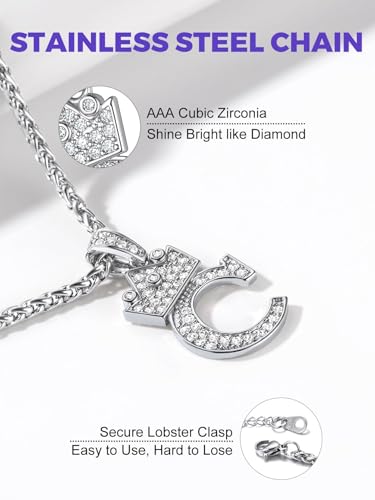 Richsteel Silver Crown Initial A-Z Letter Pendant Necklace for Men Women | Cubic Zirconia Monogram, 316L Steel Chain, 22" + 2" Extender,Hypoallergenic,Gift Box, Hip Hop Jewelry - style: C