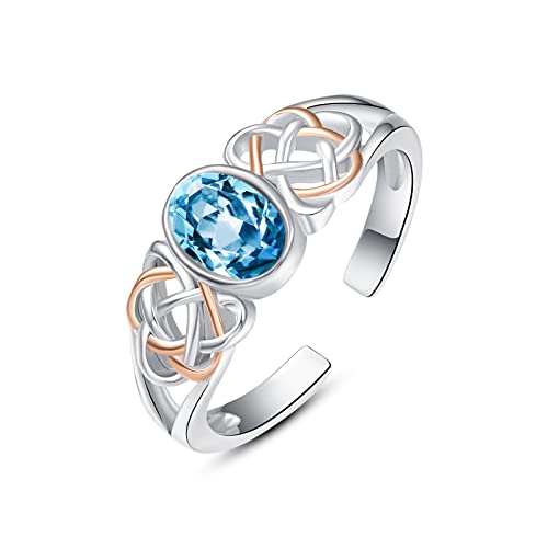 PRAYMOS 925 Sterling Silver Ring Birthstone Ring Turquoise Moss White Opal Ring for Women Celtic Knot Open Adjustable Thrumb Ring - color: Blue Topaz