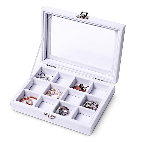 Tiny 12 Grid Earring Organizer Tray, Velvet Jewelry Box with Lid | Jewelry Tray With Lid,Adjuatable Dividers,Velvet Lining,Earring Organizer Box, Display Case,Drawer Insert,Gift For Women - color: White, size: 12 Grid