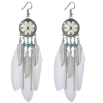 Dreuyet Boho Long Feather Drop Dangle Earrings for Women Retro Bohemian Ethnic Fringe Multicolor Tassel Feather Earring Handmade Statement Dream Catcher Earrings Jewelry - color: White Round Heart