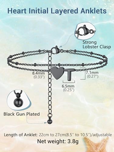 Initial Ankle Bracelets for Women, Dainty Stainless Steel Letter A-Z Layered Anklets, Heart Ankle Bracelet 8.5"-10.5" Adjustable, Summer Beach Jewelry, Come with Box - color: Black, size: T