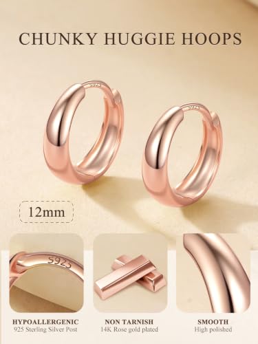 Bestyle Gold Huggies Earrings for Women Hypoallergenic 925 Sterling Silver Post Huggie Hoop Earrings Thick Lightweight Small Hoop Earrings 8/10/12/14mm - color: Rose Gold, size: 12mm