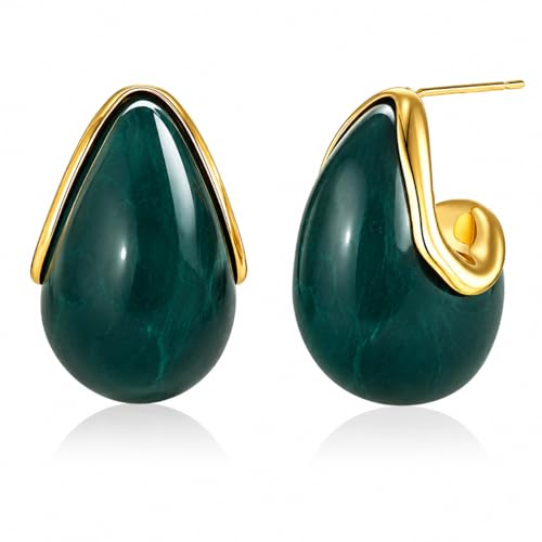 SNGIA Oval C Shape Chunky Dangle 18K Gold Plated Hoops with Colored Resin Gemstone Statement Earrings for Women by SNGIA, (Green, Brown, Blue, Pink, White, Cream), Long Bold Drop Handmade Exaggerated Irregular Trendy Bohemian Jewelry Gifts, Unique Danglin