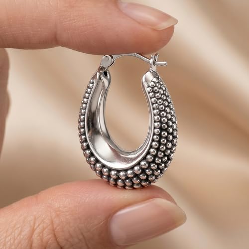 LeCalla 925 Sterling Silver Bali-Style Hoop Earrings Lightweight Click-Top Antique Two-Tone Beaded Italian Bali Style Earring Hoops for Women - style: Oval Beaded
