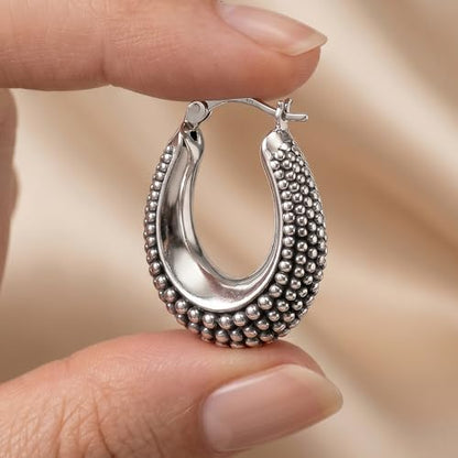 LeCalla 925 Sterling Silver Bali-Style Hoop Earrings Lightweight Click-Top Antique Two-Tone Beaded Italian Bali Style Earring Hoops for Women - style: Oval Beaded