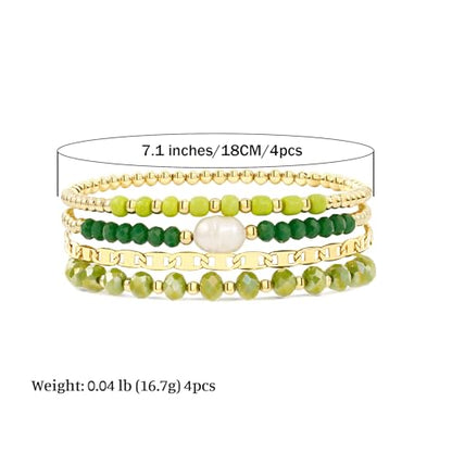 Badu Gold Beaded Bracelets for Women Boho Crystal Multiple Layered Stackable Wrap Bangle Set Paperclip Chain Trendy Jewelry - color: Gold-green