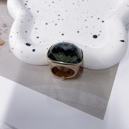Chunky Square Crystal Glass Stainless Steel Statement Ring for Women Men Gold-Tone Plated Exaggerated Large Geometric Green Cubic Zirconia Finger Band Knuckle Rings Cocktail Prom Fashion Jewelry - color: Gery