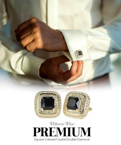 Square Colored Crystal Double Diamond Set Cufflinks - color: Black/Gold