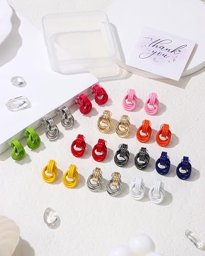 FIBO STEEL 1 Pair Clip On Earrings for Women Non Pierced Ears | Chunky Knot Link, Geometric Statement Colorful Dangle Clip Earrings, Trendy Jewelry Gift - color: Knot Silver Plated