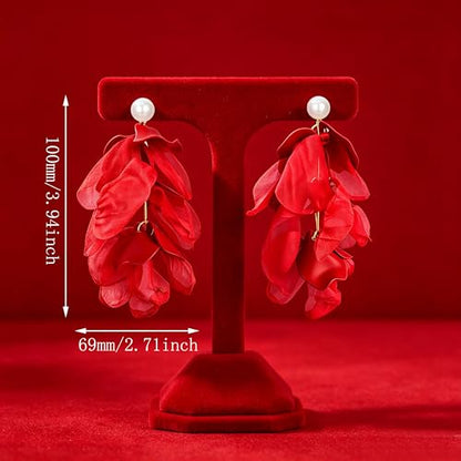 Handmade Bohemian Lightweight Fabric Flower Dangle Drop Earrings Chic Pearl Large Tassel Petal Stud Earrings For Women - color: Red