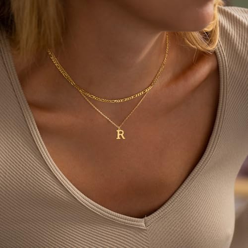 Initial Necklaces for Women Dainty Gold Silver Layered Letter Pendant Necklace Cute Figaro Chain Choker Necklace Personalized Trendy Stuff Jewelry Stack Gift for Women Her - color: Gold, style: R
